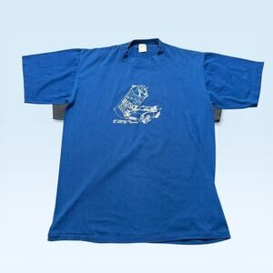 Vintage Busch Auto Body Shirt Mens XL Blue Beer Can Car Graphic St Louis USA